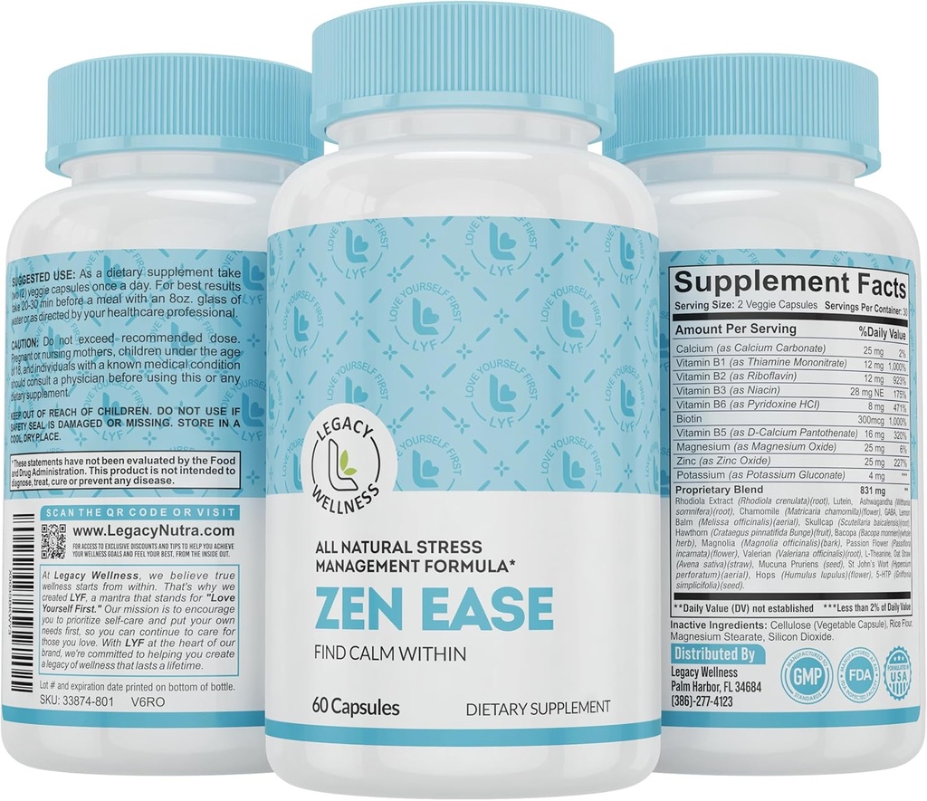 Legacy Wellness Zen Ease Calm Mind Supplement - Φυσικό Vegan Formula - 5-HTP, Ashwagandha, St. John's Wort, L-Θεανίνη, Μαγνήσιο, B-Vitamins - Κάψουλες για να προωθήσει ένα καλό συναίσθημα της ειρήνης