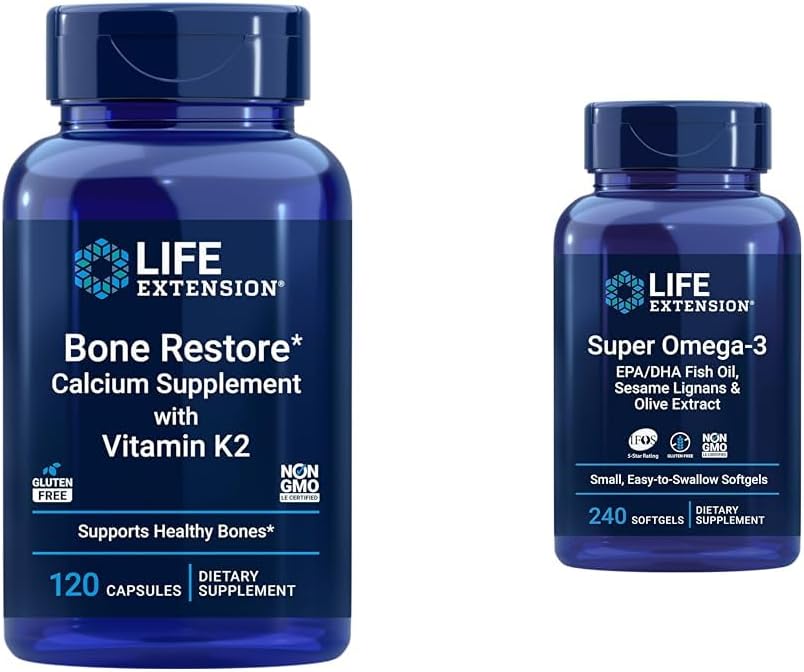 Life Extension Bone Restore + Vitamin K2 Vitamins & Minerals Maintain Bone Health & Strength & Super Omega-3 EPA/DHA Fish Oil, Sesame Lignans & Olive Extract