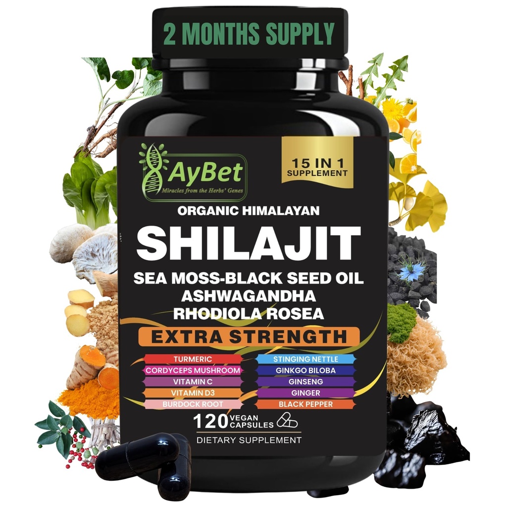 Erkekler ve Kadınlar için Shilajit Himalaya Shilajit Capsules ile Sea Moss, Black Seed Oil, Ashwagandha, Rhodiola Rosea, Burdock, Cordyceps Mushroom, BTC, Turmeric, Ginger, 120 Capsules