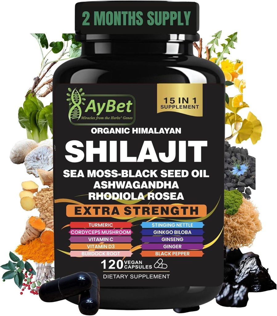Shilajit για άνδρες και γυναίκες-Οργανικά κάψουλες Ιμαλαΐων Shilajit με θαλάσσια Moss, Μαύρο Έλαιο Σπέρματος, Ashwagandha, Rhodiola Rosea, Burdock, Cordyceps Mushroom, Ginseng, Turmeric, Ginger, 120 κάψουλες