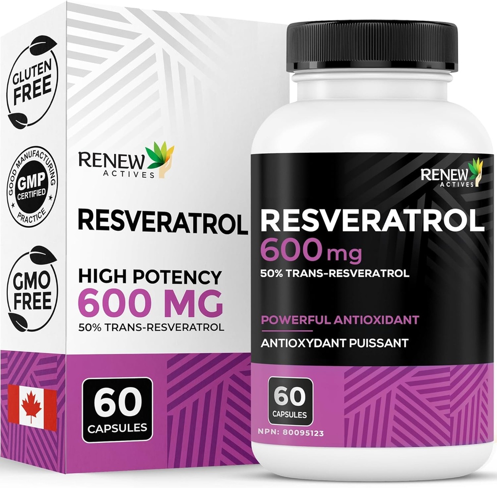 Renew Actives Resveratrol Supplement 600 mg per Service - High-Potency Antioksi Kompleksi ile 50 Trans-Resveratrol - Destek Hücreleri Sağlığı ve Uzun Yerde - Kanada'da Yapıldı - 60 Vegan Capsules