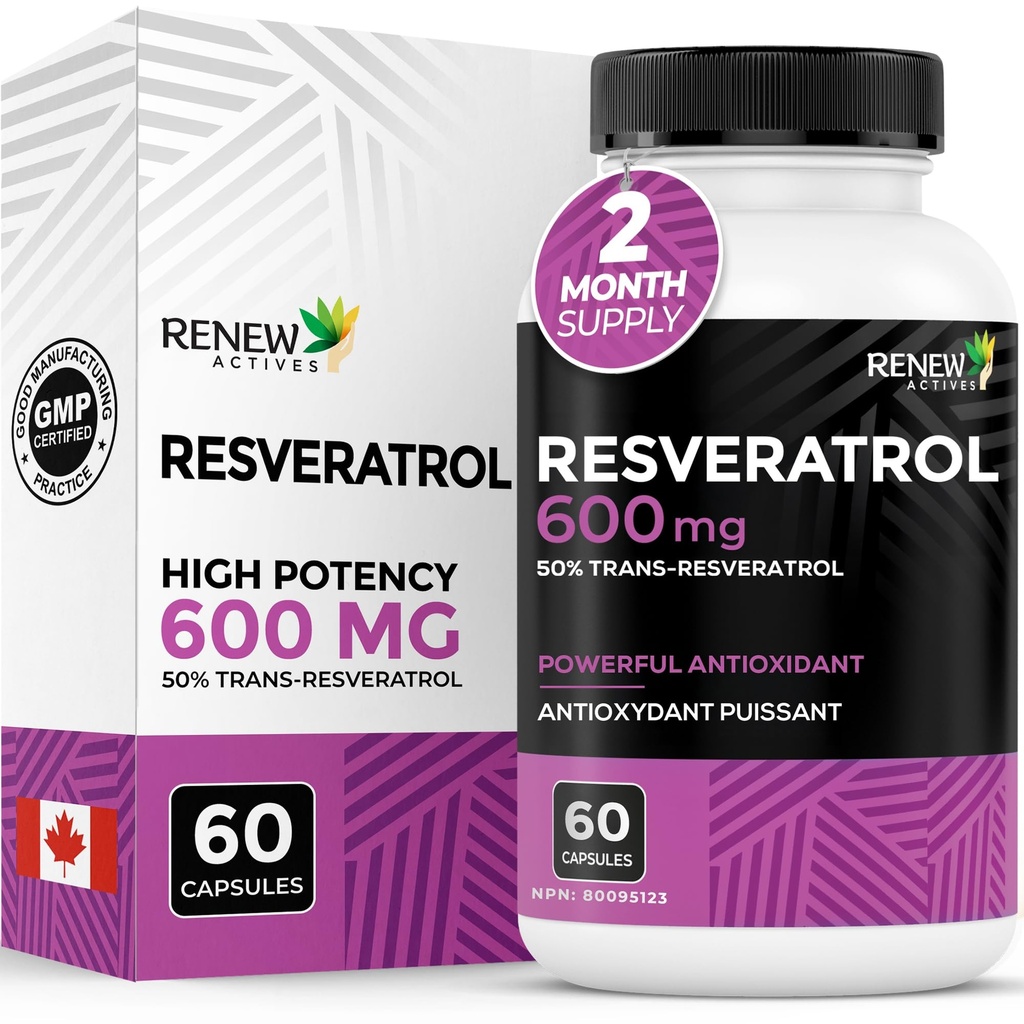Renew Actives Resveratrol Supplement 600 mg per Service - High-Potency Antioksi Kompleksi ile 50 Trans-Resveratrol - Destek Hücreleri Sağlığı ve Uzun Yerde - Kanada'da Yapıldı - 60 Vegan Capsules