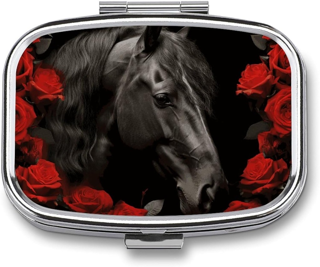 Black Horse on A background of Red Roses Pill Box 2 Karşılaştırmalı Portreatif Pill Case Daily Square Pill Organizer for Pocket Purse Daily Medicine Container to Hold Vitamins Fish Oil Travel Armağan