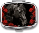 Black Horse on A background of Red Roses Pill Box 2 Karşılaştırmalı Portreatif Pill Case Daily Square Pill Organizer for Pocket Purse Daily Medicine Container to Hold Vitamins Fish Oil Travel Armağan