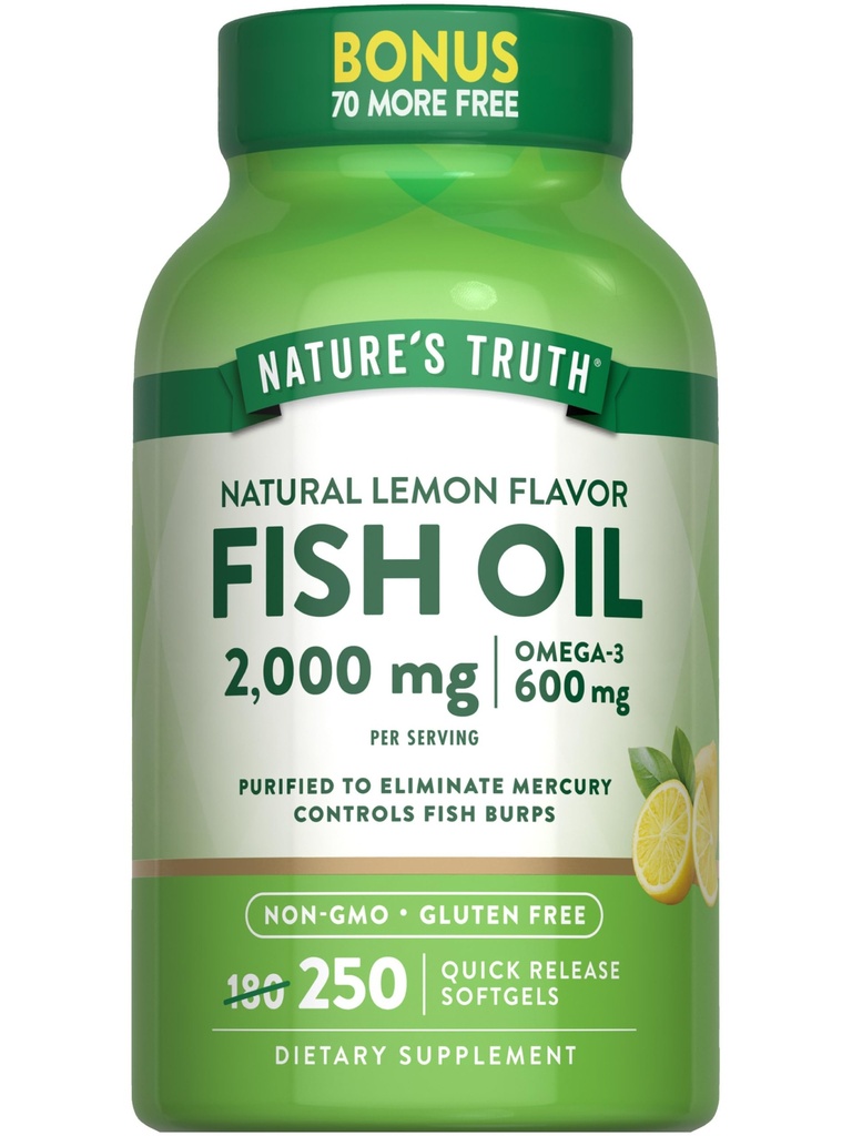 Nature's Truth Fish Oil 2000 mg | 600 mg Omega 3 | 250 Softgels | Natural Lemon Flavor | Non-GMO ve Gluten Ücretsiz Supplement Supplement
