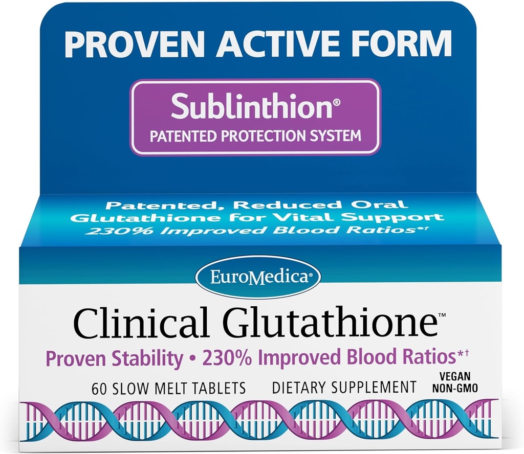 EuroMedica Klinik Glutathione - Yüksek Absorpsiyon için Antioksit - L-Glutathione ile Diyet Tamam - Hücre Sağlığını Desteklemek için Vegan Supplement - 60 Slow Melt Tabletleri