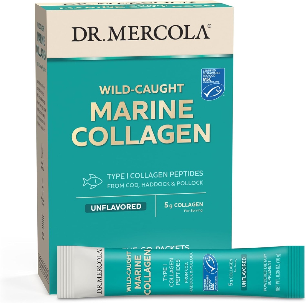 Dr. Mercola Marine Collagen Toz Paketleri, 5g Collagen Per Service, 15 Hizmetler (15 on-The-go Packets), Tozlu Diyet Supplement, Unflavored, Tip 1 Collagen Pol Codock & Pollock