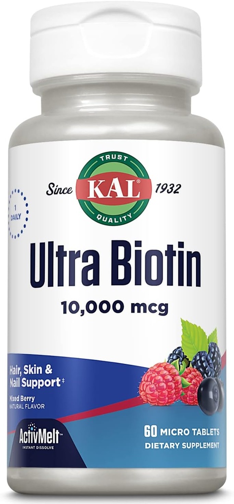 KAL Ultra Biotin 1000006 ActivMelt, Saç Büyüme Tamam, Sağlıklı Saç, Cilt, Çiçeği ve Enerji Desteği için Yüksek Potency Vitamini, Vejetaryen, Natural Karma Berry Flavor, 60 Serv, 60 Micro Tablets