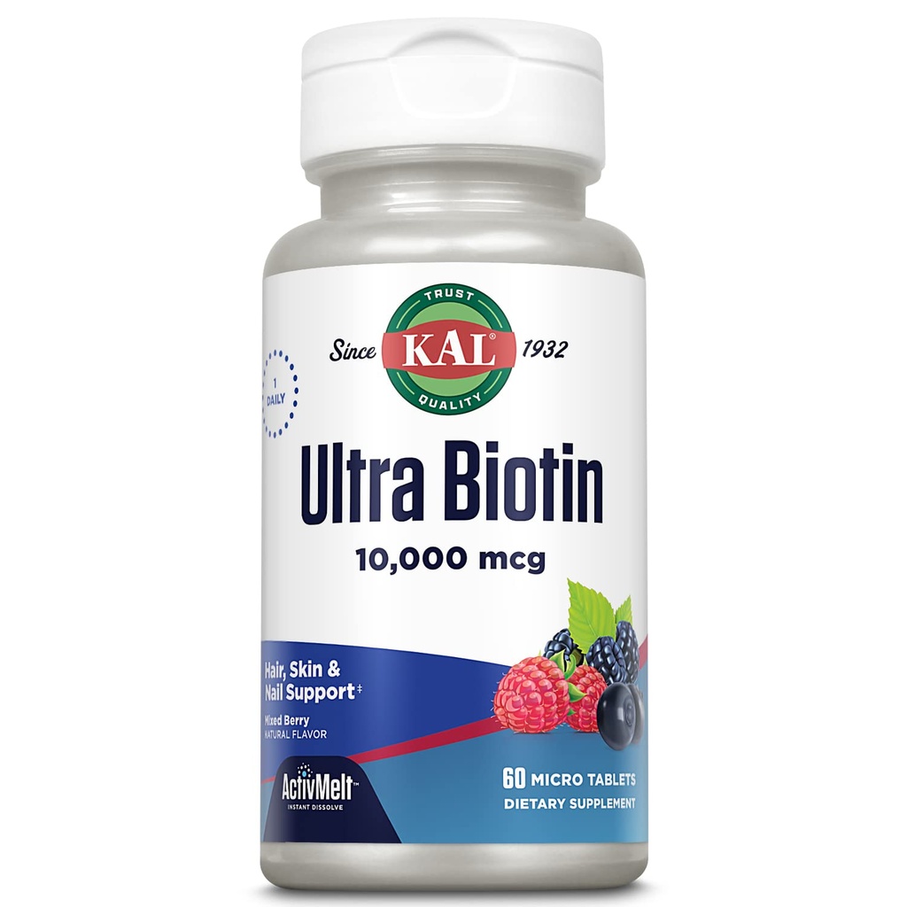 KAL Ultra Biotin 1000006 ActivMelt, Saç Büyüme Tamam, Sağlıklı Saç, Cilt, Çiçeği ve Enerji Desteği için Yüksek Potency Vitamini, Vejetaryen, Natural Karma Berry Flavor, 60 Serv, 60 Micro Tablets