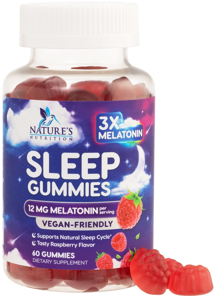 Yetişkinler Ekstra Kuvvet Için Uyku Gummies - 12 mg Melatonin Sleep Gummy Supplement, Melatonin Gummy for Occasional Sleep Support Supplement, Vegan, Non-GMO, Gluten Free, Gomitas para Dormir, 60 Gummies