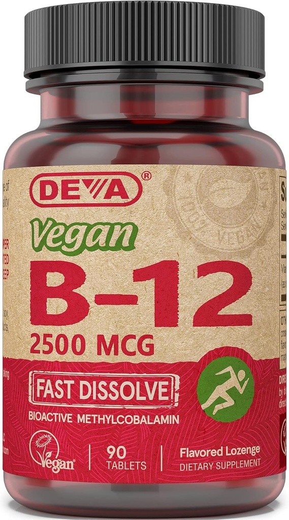 Deva Vegan Βιταμίνες B-12, Υψηλή Ικανότητα 2500 mcg B12, Γρήγορη Διάλυση, Υπογλώσσια, 90 Δισκία (πακέτο των 3)
