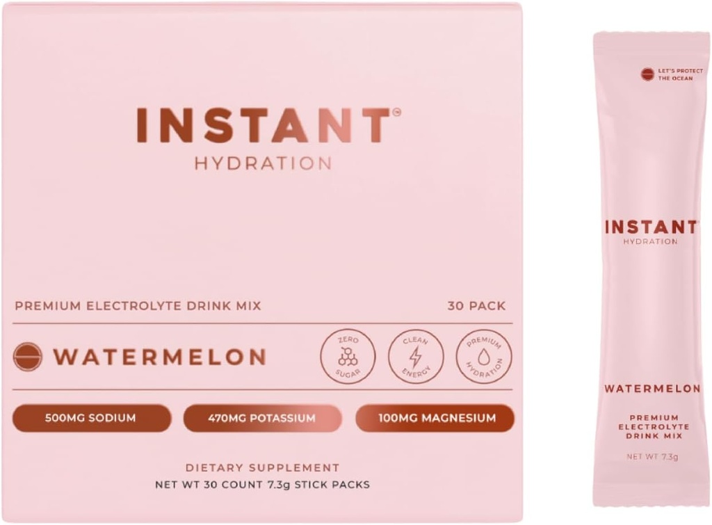 Instant Hydration Electrolytes Toz Packets - Watermelon Electrolyte Drink Mix - Zero Sugar - Keto, Vegan, Gluten-Free, Non-GMO - Boost Recovery, Brain Health, Muscle & Tound Support- 30 Sticks