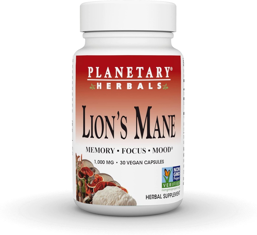 Gezegensel Herbals Lion's Mane, Memory, Focus ve Mood*, 1000 mg - 30 Vegan Capsules