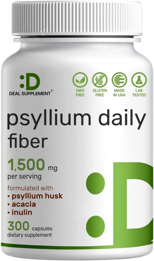 Psyllium Husk 1500 mg In Service, 300 Capsules – 3 in 1 Fiber Supplement with Inulin & Acacia Kompleksi – Doğal ► Fiber, Supports Digestive Health – Plant Based, Non-GMO