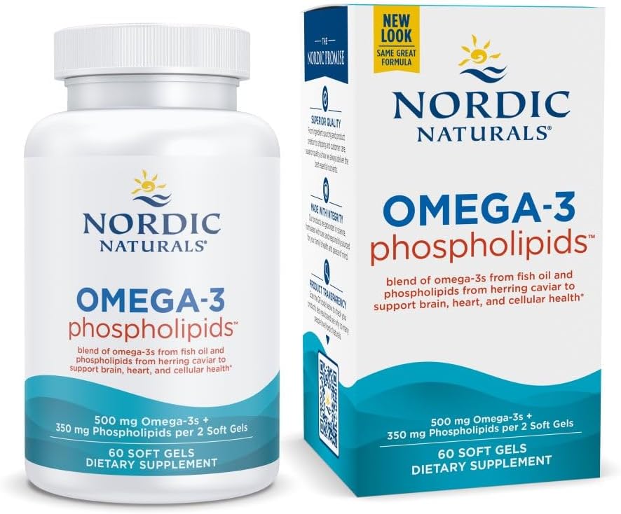 Nordic Naturals Omega-3 Phospholipids, Unflavored - 60 Soft Gels - 500 mg Omega-3 & 350 mg Phospholipids - Heart & Brain Health - Small, Easy-to-Swallow Soft Gels - Non-GMO - 30 Servisler