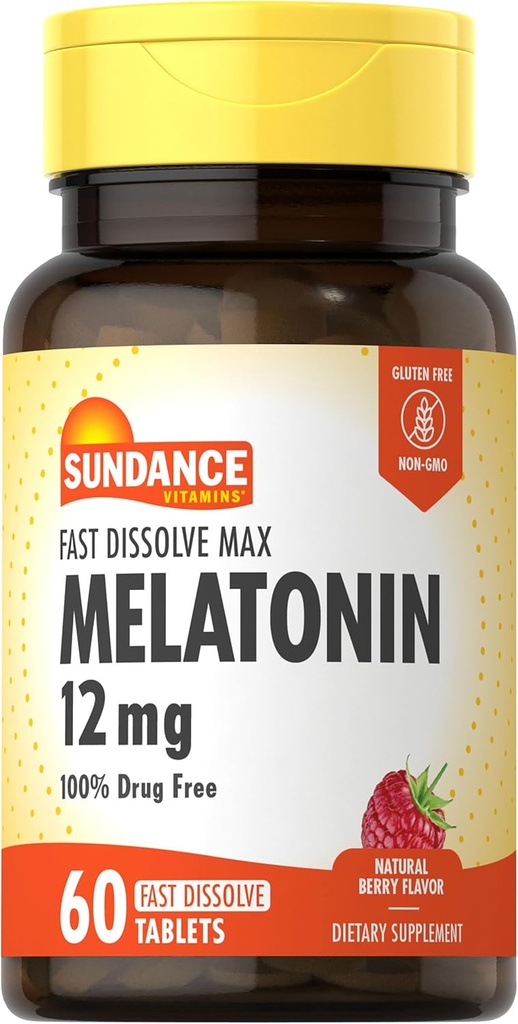 Sundance Melatonin 12 mg | 60 Hızlı Dissolve Tabletler | Natural Berry Flavor | Vegetarian, Non-GMO ve Gluten Free Supplement Supplement Supplement