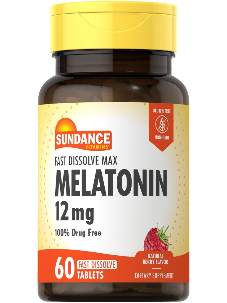 Sundance Melatonin 12 mg | 60 Hızlı Dissolve Tabletler | Natural Berry Flavor | Vegetarian, Non-GMO ve Gluten Free Supplement Supplement Supplement