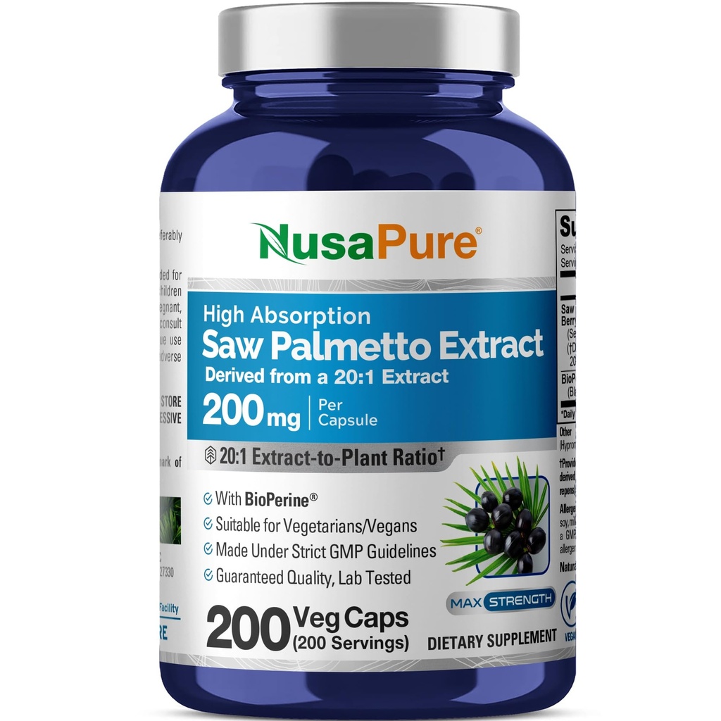 NusaPure Saw Palmetto 20:1 Ekstraksiyon, Veggie Caps 200 Count Non-GMO, Vegan, Vegetarian, Bioperine