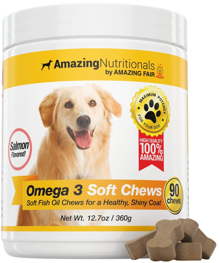 Amazing Omega 3 για σκύλους - Omega 3 Fish Oil για σκύλους συμπλήρωμα για Ichy Skin Relief για ξηρό δέρμα και καυτές κηλίδες και Shedding Coat με EPA και DHA λιπαρά οξέα - 90 σολομός μαλακά μάσημα
