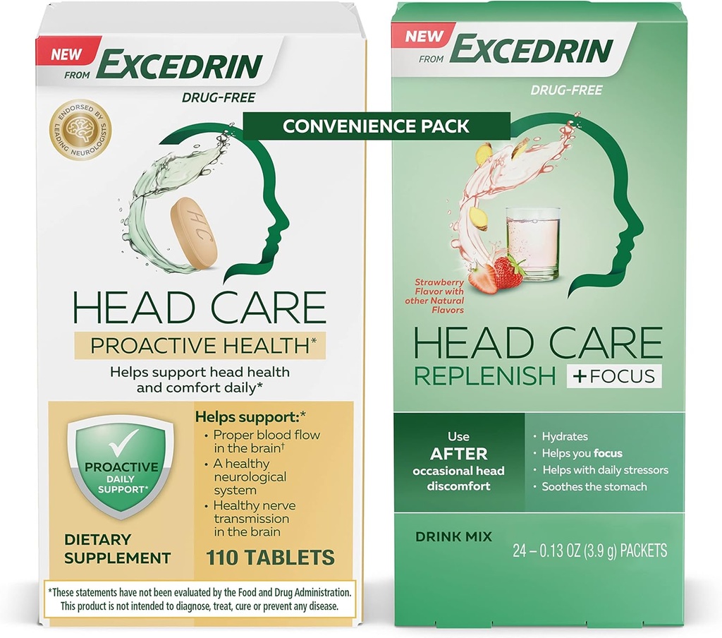 Excedrin Head Care Proactive Health Diyetary Supplement - 110 Kont and Head Care Replenish Plus Focus Drink Mix from 24 Packets Convenience Pack