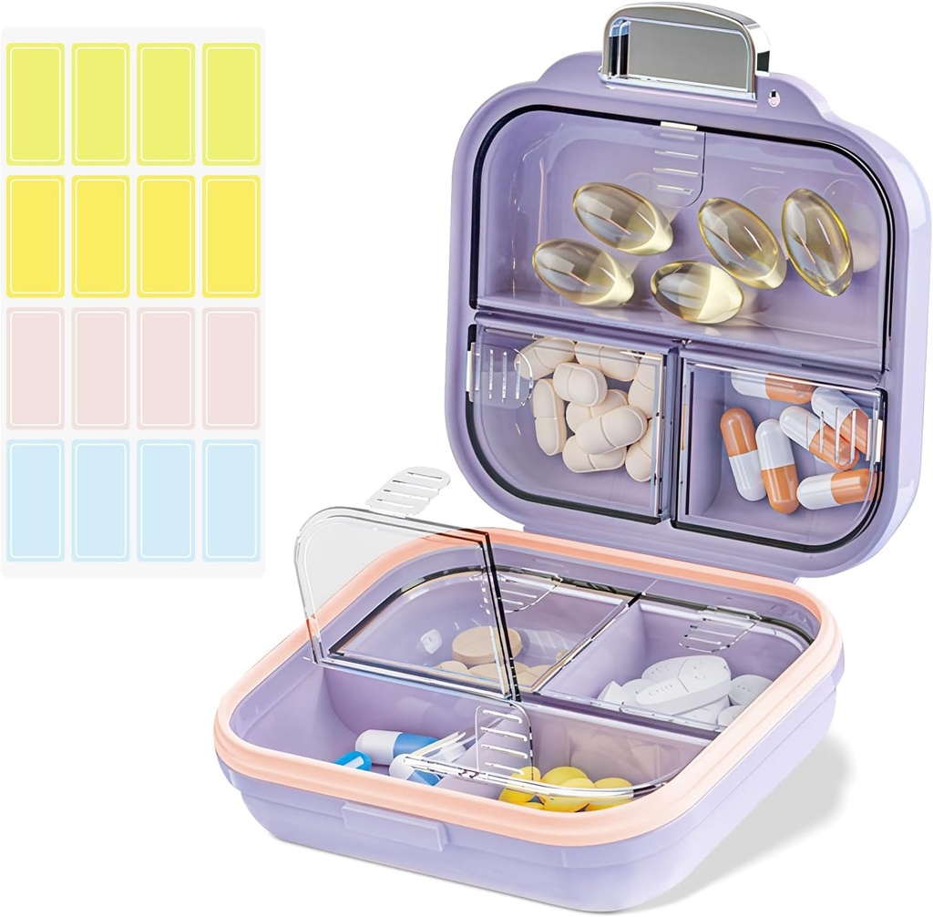 Seyahat Pill Organizer Box, Etiketler ile Karşılaştırmalı Mini Pill Case, Daily Drug Organizer Storage Pill Konteyner Pocket Eczane (Purple, S)