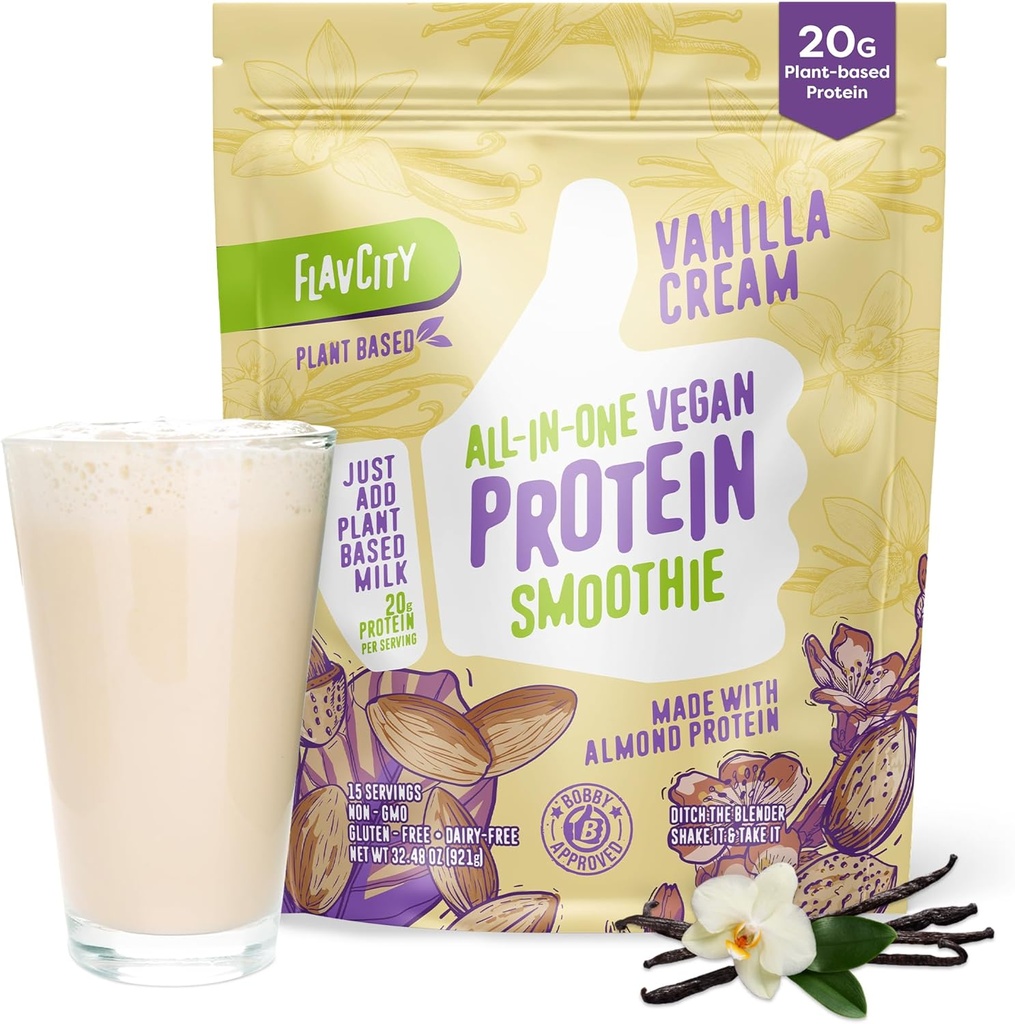 FlavCity All-in-One Vegan Protein Powder Smoothie, Βανίλια - Plant-based Pre-Workout Replacement Meal Shake for Women & Men Made with 20g Almond Protein - Χωρίς γλουτένη & χωρίς γαλακτοκομικά