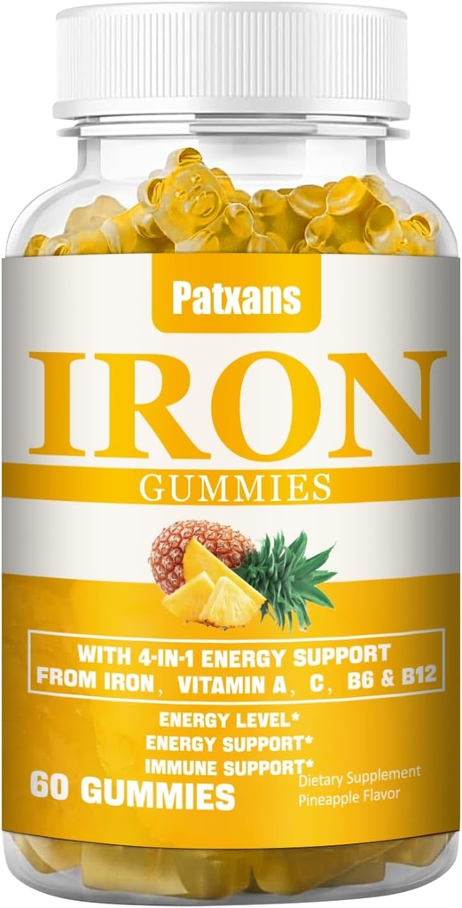 1 Pack 100MG Iron Supplement Gummies for Women & Men - A, C, B - Demir Eksikliği için Enerji Desteği, Anemi, Yetişkinler ve Çocuklar, Pineapple Flavor Gummy, 60ct.