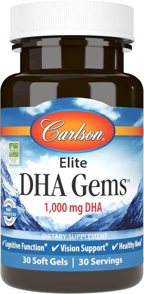 Carlson - Elite DHA Gems, 1000 mg DHA, Sağlıklı Beyin Fonksiyonlarını Destekler ve Vizyon, 30 yumuşak jel