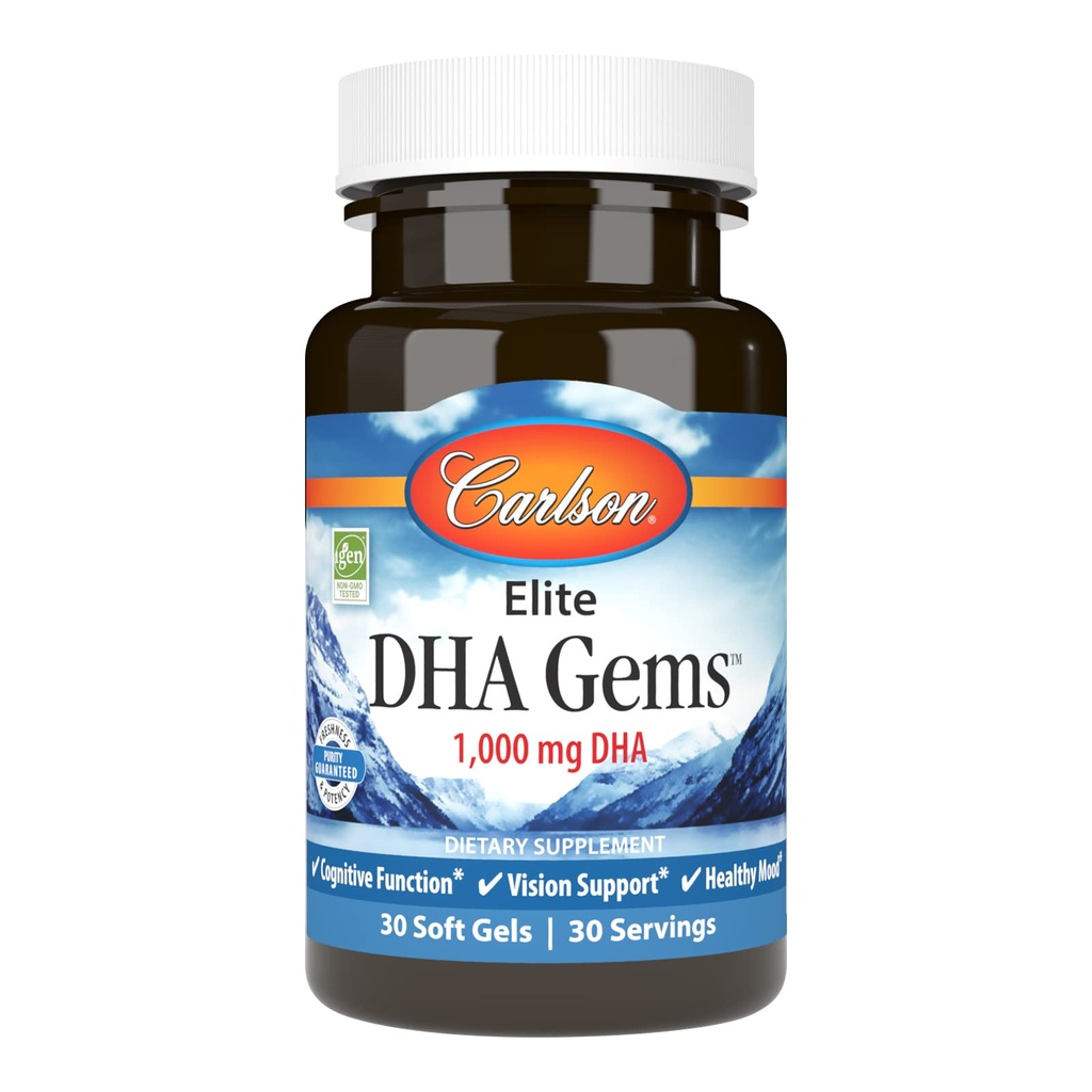 Carlson - Elite DHA Gems, 1000 mg DHA, Sağlıklı Beyin Fonksiyonlarını Destekler ve Vizyon, 30 yumuşak jel