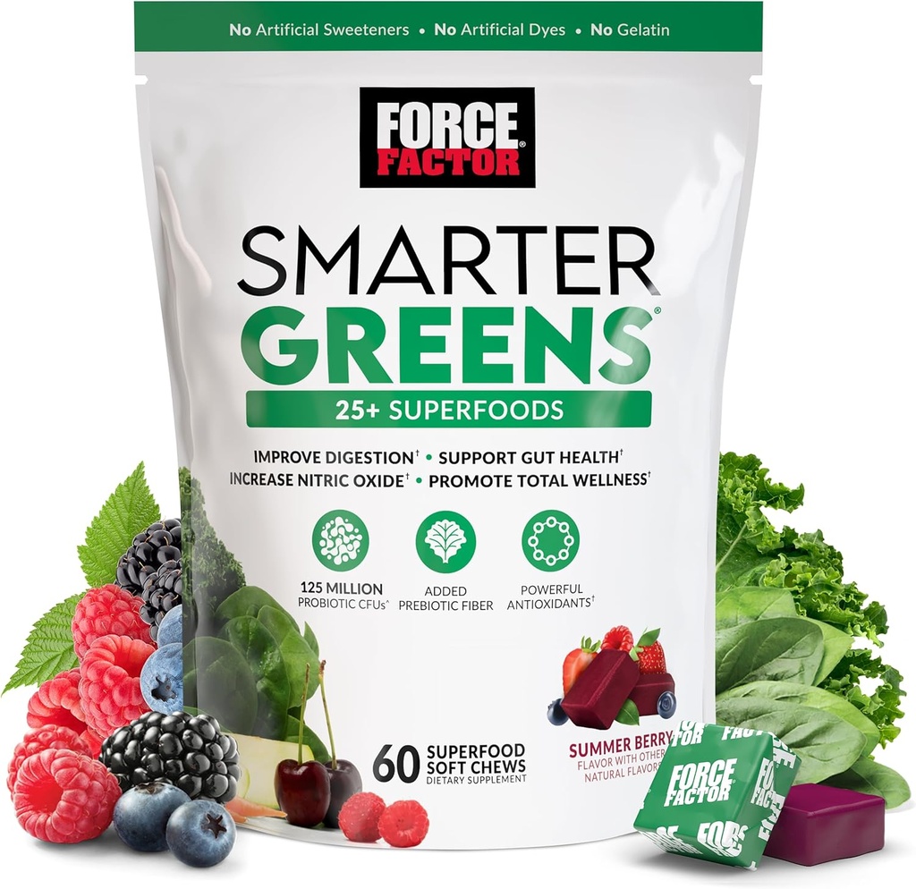 FORCE FACTOR Smarter Greens Superfood Chews, Greens and Superfoods with Probiyotiks, Antioksis and Fiber, Greens Supplement to Support Digestion, Nitric Physics, and Energy, 60 Soft Chews