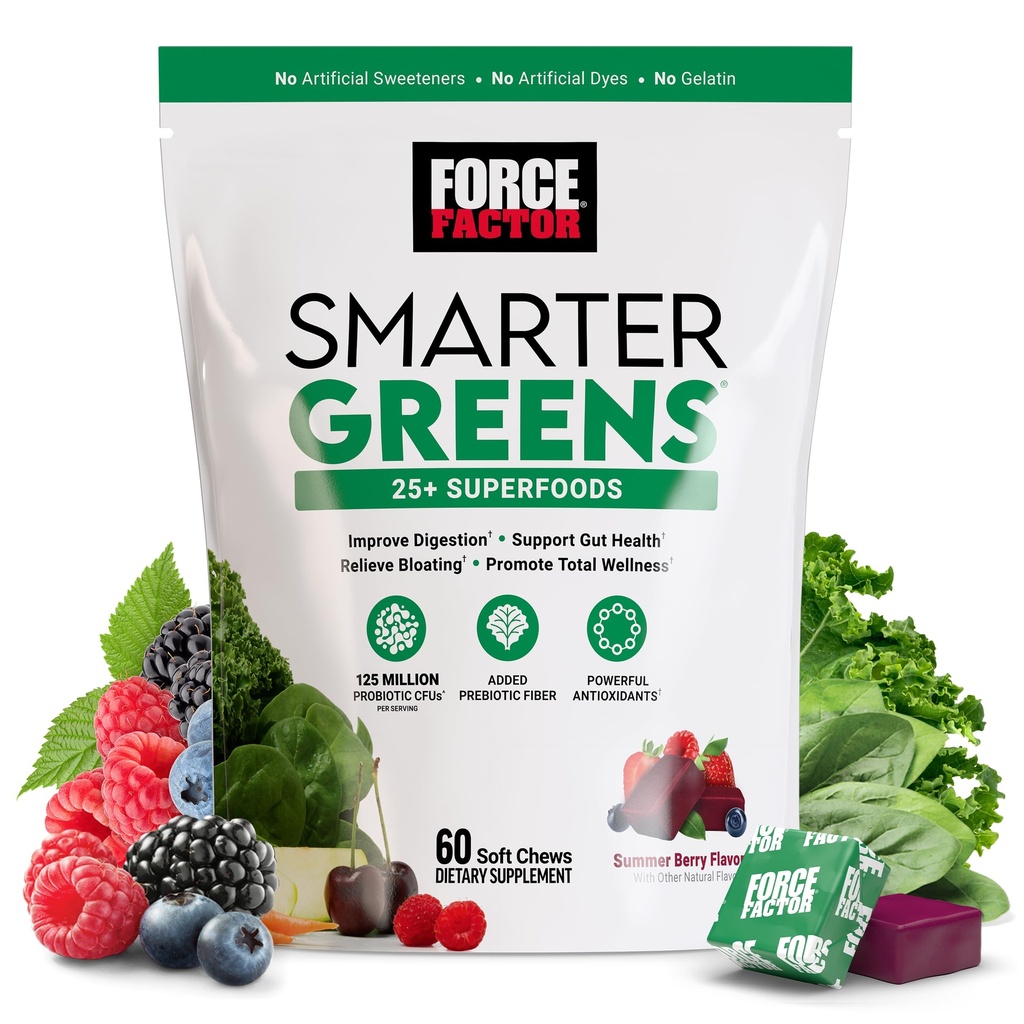 FORCE FACTOR Smarter Greens Superfood Chews, Greens and Superfoods with Probiyotiks, Antioksis and Fiber, Greens Supplement to Support Digestion, Nitric Physics, and Energy, 60 Soft Chews