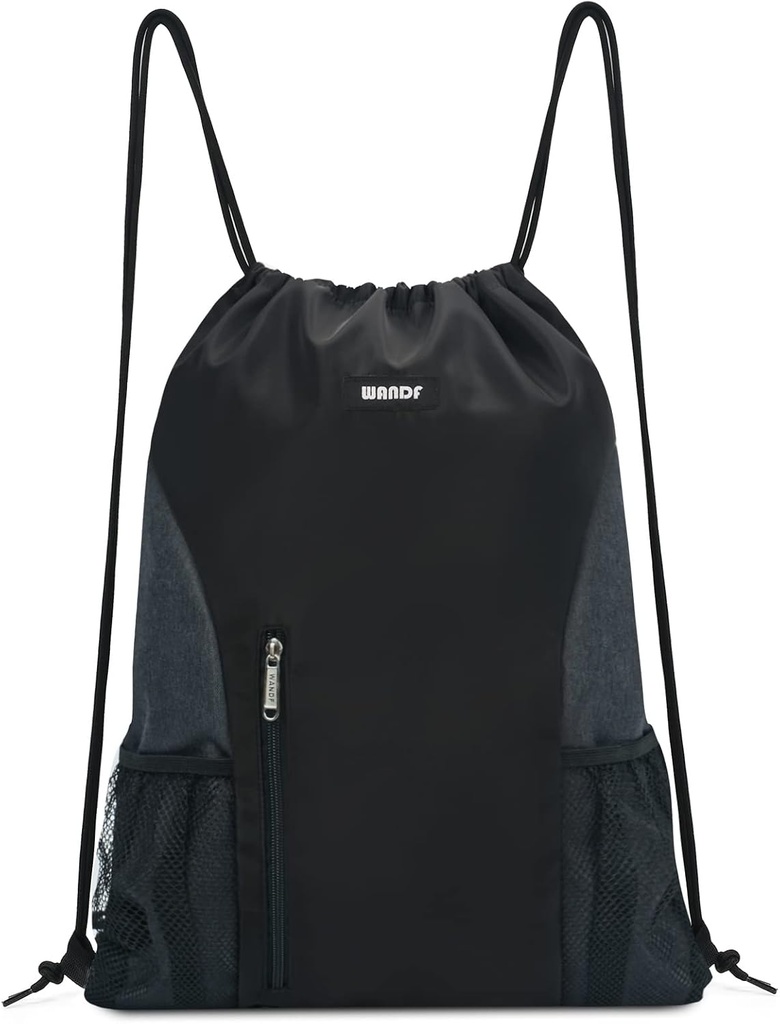 WANDF Drawstring Backpack Sports Gym Sackpack με Mesh Pockets Αδιάβροχη τσάντα εγχόρδων για γυναίκες άνδρες (μαύρο)