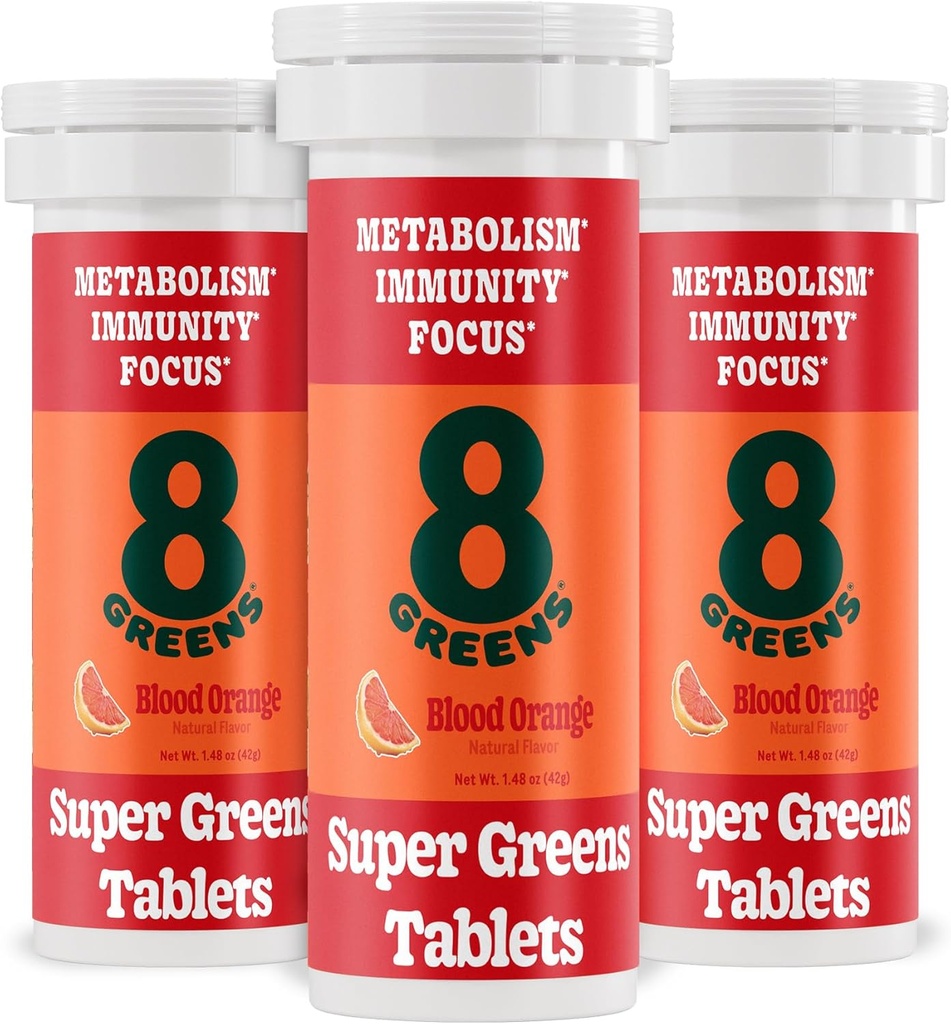 8Greens Supergreens Tabletler | Super Greens Toz Superfood Tablet, Metabolism Immunity & Focus, Daily Greens Effervescent Tabletler, Organik: Aloe Vera, Spirulina, Chlorella, Blood Orange, 30 Hizmetler