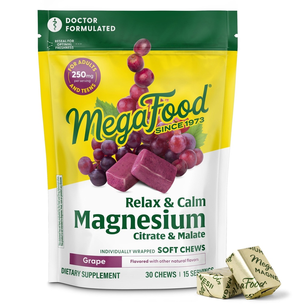 MegaFood Relax + Calm Magnezyum Supplement - Yumuşak Chews with Magnezyum Citrate & Malate for Heart Health, Muscle Ger & More - Vegetarian - Grape-Flavor - 30 Chews (15 hizmet)