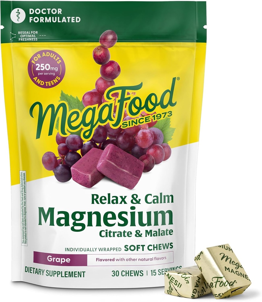 MegaFood Relax + Calm Magnezyum Supplement - Yumuşak Chews with Magnezyum Citrate & Malate for Heart Health, Muscle Ger & More - Vegetarian - Grape-Flavor - 30 Chews (15 hizmet)