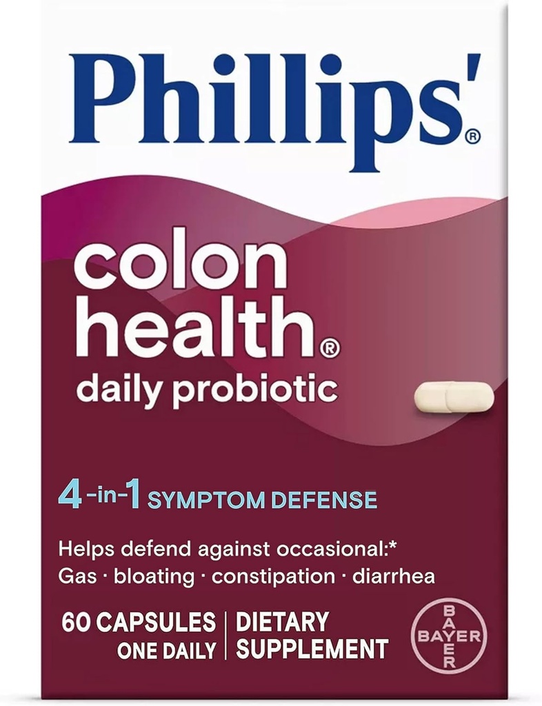 Phillips'in Kolon Sağlığı Günlük Probiyotik Capsules, 4-in-1 Symptom Savunması Occasional Gas, Bloating, Constipation ve Diarrhea, Daily Supplement, 60 Count