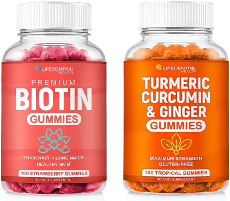 Biotin & Turmeric Vegan Gummies Combo | Max Strength Saç Büyüme, Skin Health ve Genel Wellness | 1000006 Biotin & 95 Standartlaştırılmış Turmeric Curcumin | Natural, Non-GMO ve Gluten-Free Supplement Supplement