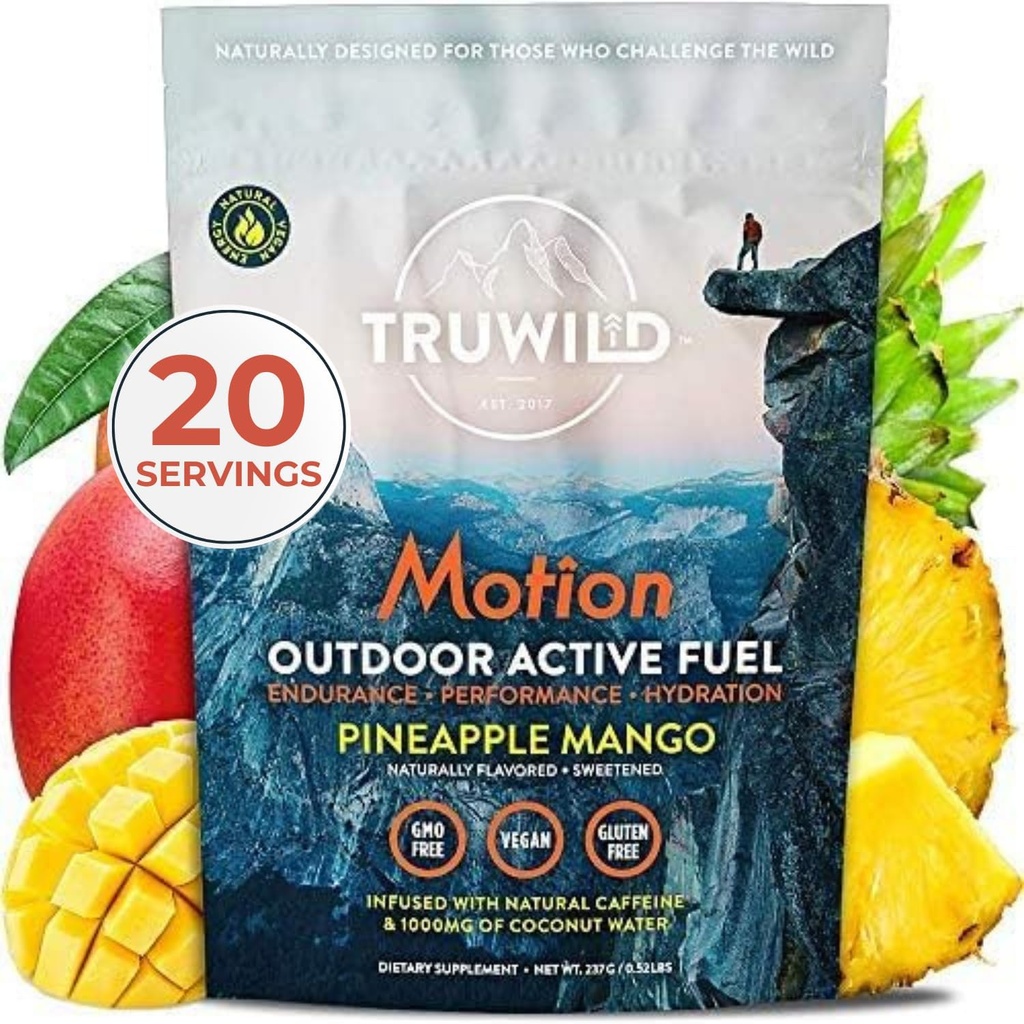 TruWild Motion All Natural Pre Workout Toz İçecek Mix for Men & Women with No Jitters or Crash, Whole Food Plantive Vegan, Microlytes + BioPerine, 20 Hizmet (Pineapple Mango)