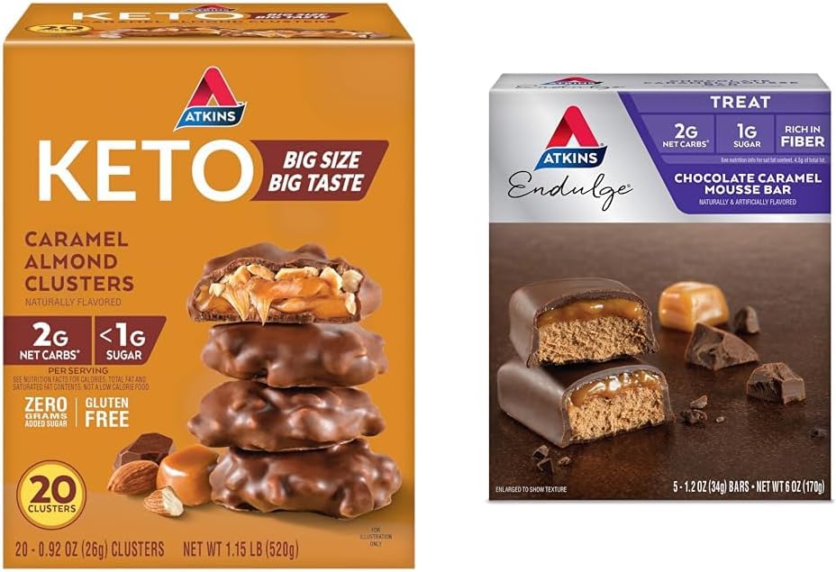 Atkins Caramel Almond Clusters, Gluten Free, High in Fiber, 1g Sugar, 2g Net Carb, Keto Friendly, 20 & Endulge Caramel Mousse Bar, Dessert, 1g Sugar, High in Fiber, 5 Count