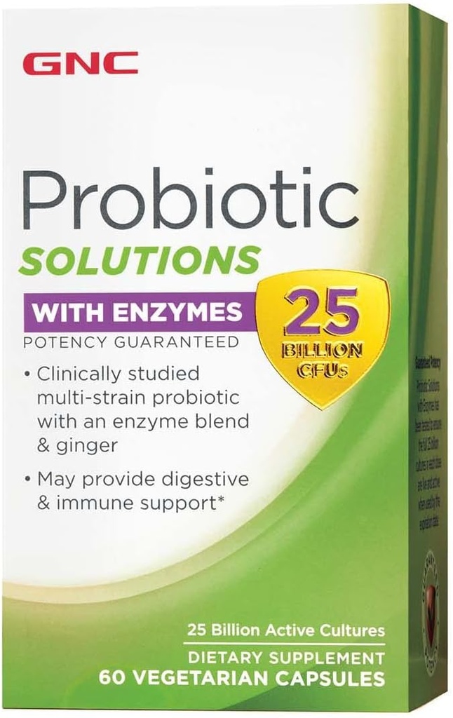 GNC Probiotic Solutions with Enzymes, Provides Digestive and Immune Support, 25 δισεκατομμύρια CFUs, 60 κάψουλες χορτοφάγων, 60 υπηρεσίες