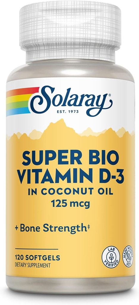 SOLARAY Super Bio Vitamin D3 in Coconut Oil - D3 Vitamin 5000 IU - Συμπλήρωμα για την υγεία των οστών και το ανοσοποιητικό - Lab Επαληθευμένο, Made Wtihout Soy, 60 ημερών εγγύηση - 120 Softgels, 120 υπηρεσίες
