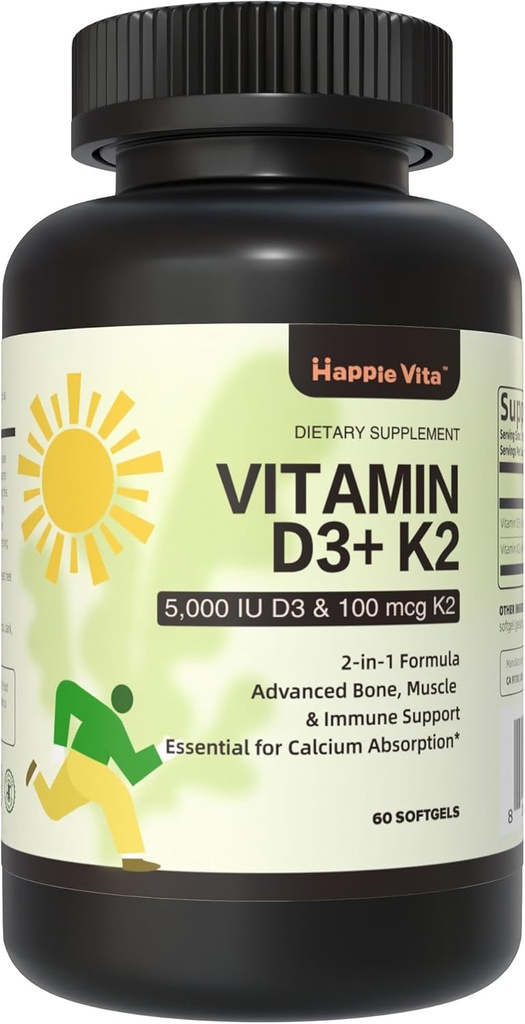 Vitamin D3 K2, Vitamin D3 5000 IU (125 mcg) + Vitamin K2 100 mcg, 2 in 1 D3 and K2 Supplements for Bone, Teeth, Muscle and Immune Health Support, 60 Softgels