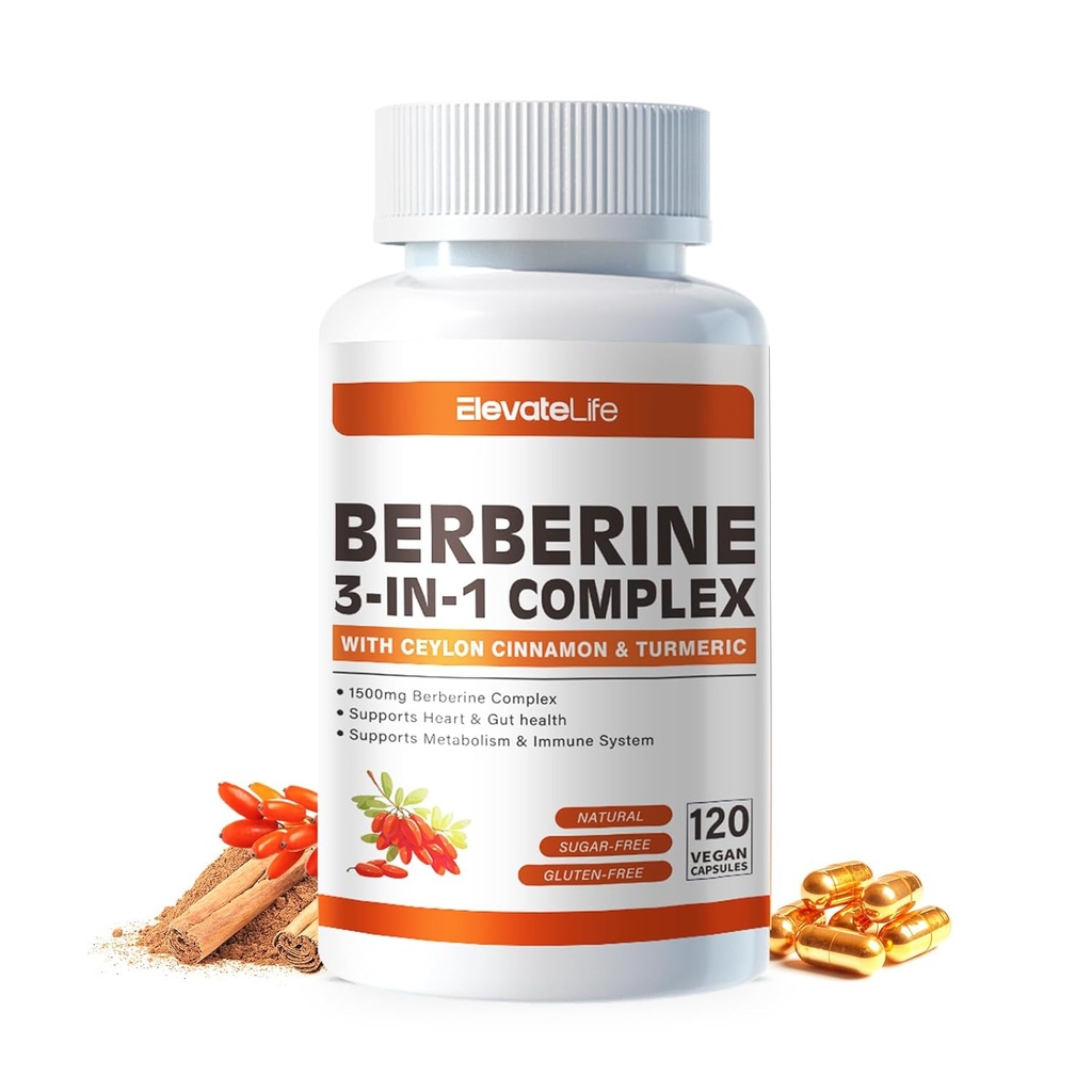 ElevateLife Berberine Supplement - Berberine 1500mg Per Servis,120 Capsules - Berberine HCI - Berberine Plus - Plus Pure True Ceylon Cinnamon, Berberine HCI Root Supplements Pills
