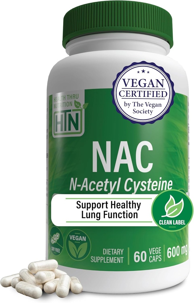Health Thru Nutrition NAC N-Acetyl-Cysteine 600mg 60 Capsules | Vegan Certified | The Purest NAC Supplement | Supports Healthy Lung, Liver Functions & Cellular Health | Non-GMO Soy & Gluten Free