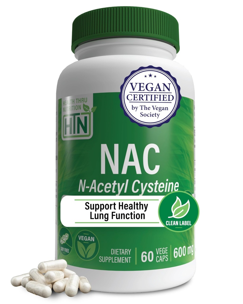 Sağlık Thru Beslenme NAC N-Acetyl-Cysteine 600 mg 60 Capsules | Vegan sertifikalı | Purest NAC Supplement | Sağlıklı Lung, Liver Functions & Cellular Health | Non-GMO Soy & Gluten Free