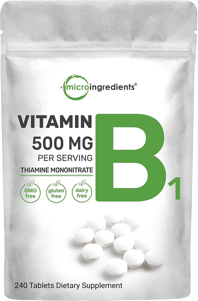 Mikro Malzemeler B1 500 mg Oda başına, 240 Tablet | Vitamin B1 Thiamin Supplement, Essential Bs | Destekler Metabolism & Sağlıklı Nervous System | Non-GMO, Easy to Swallow