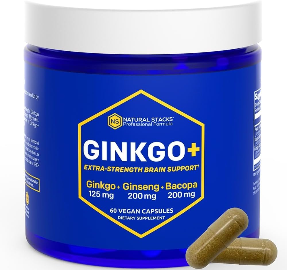 NATURAL STACKS Ginkgo Biloba Supplement ile 200 mg Panax Ginseng & 200 mg Bacopa Monnieri - Beyin Sağlık Desteği için Beyin Tamamları - 60 Ginkgo Biloba Capsules