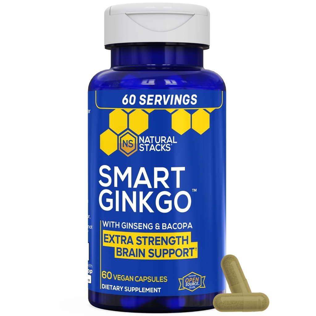 NATURAL STACKS Ginkgo Biloba Supplement ile 200 mg Panax Ginseng & 200 mg Bacopa Monnieri - Beyin Sağlık Desteği için Beyin Tamamları - 60 Ginkgo Biloba Capsules
