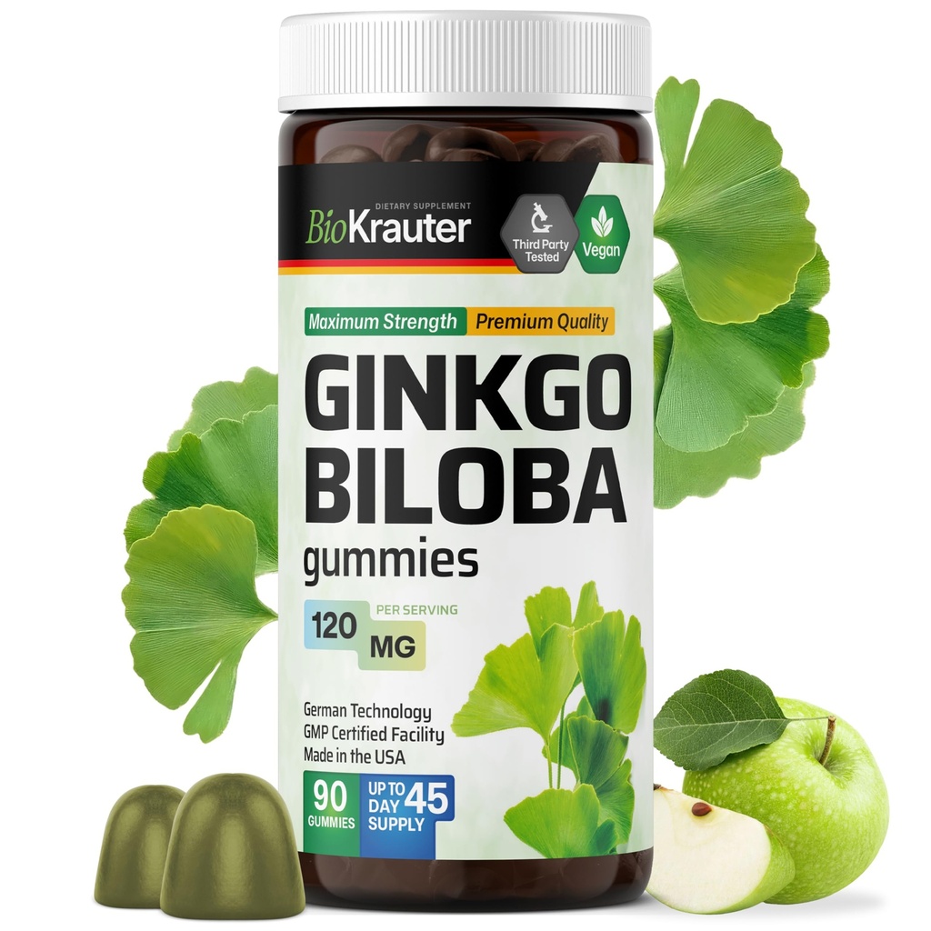 BIO KRAUTER Ginkgo Biloba Gummies - 90 Vegan Chews - Beyin Desteği için Ginkgo Biloba Supplements - 120 mg Standardized Extract - Pectin-Based Formula