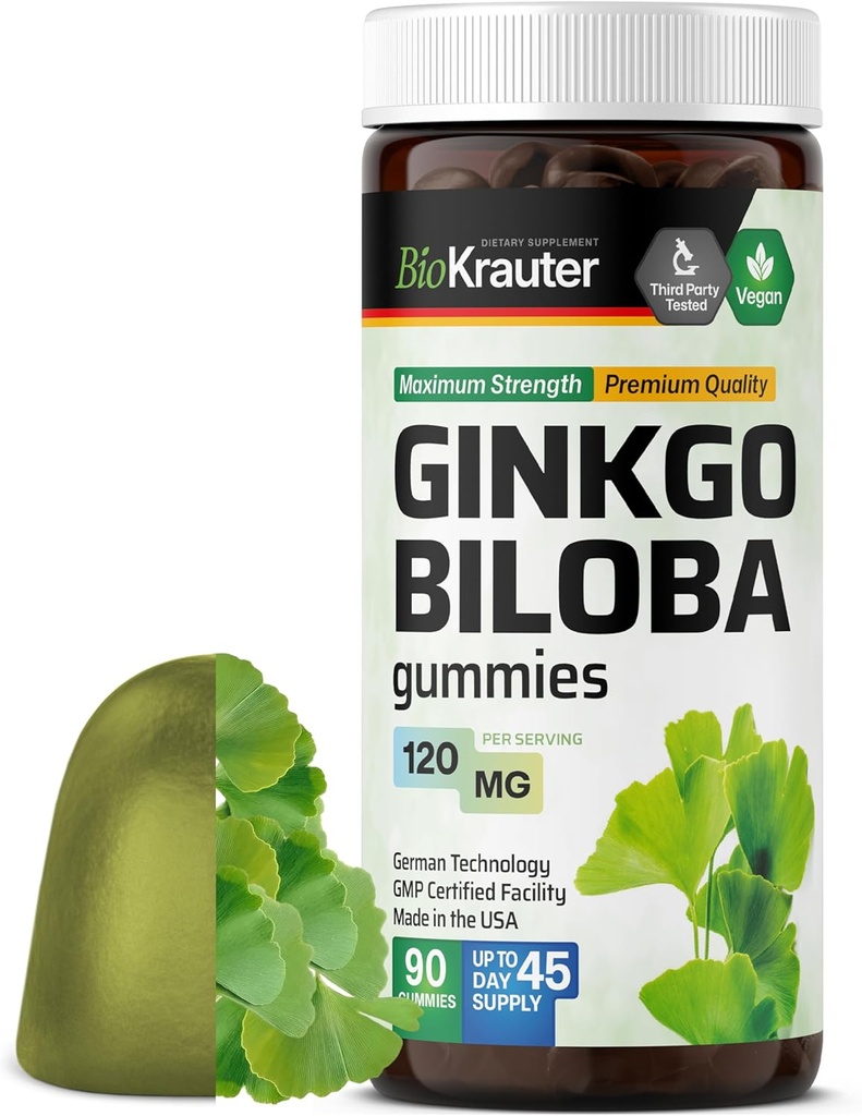 BIO KRAUTER Ginkgo Biloba Gummies - 90 Vegan Chews - Ginkgo Biloba Supplements for Brain Support - 120 mg Standardized Extract - Pectin-Based Formula